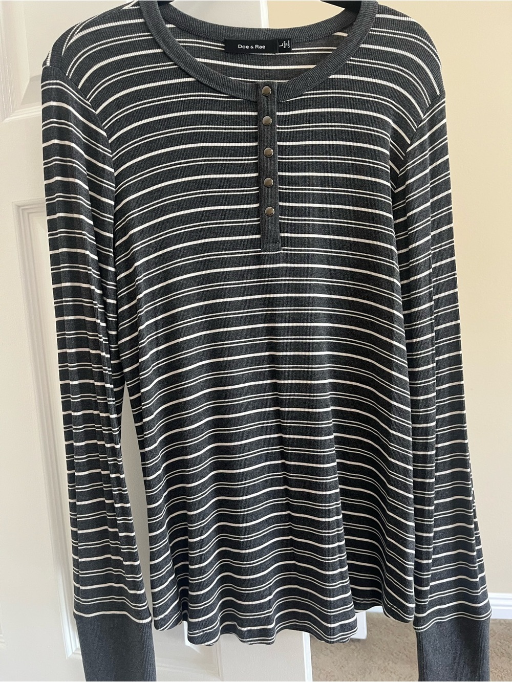 Doe & Rae Gray and White Striped Henley Knit Top